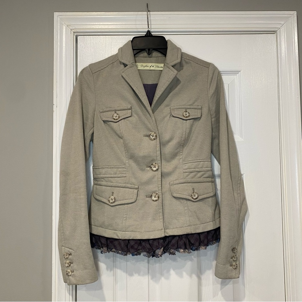 Anthropologie Daughters Of The Liberation Khaki Tan Blazer Plaid Ruffle Size 0